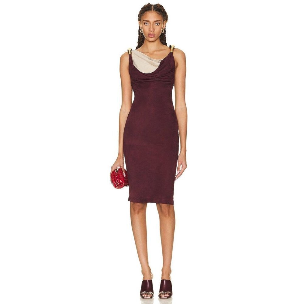BOTTEGA VENETA Fluid Suede Dress in Mahogany & Sand 34 0 2 Womens Midi Leather
